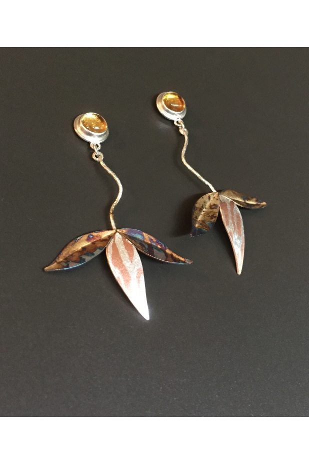 Earrings, sterling silver, mokume, 14k gold, citrines