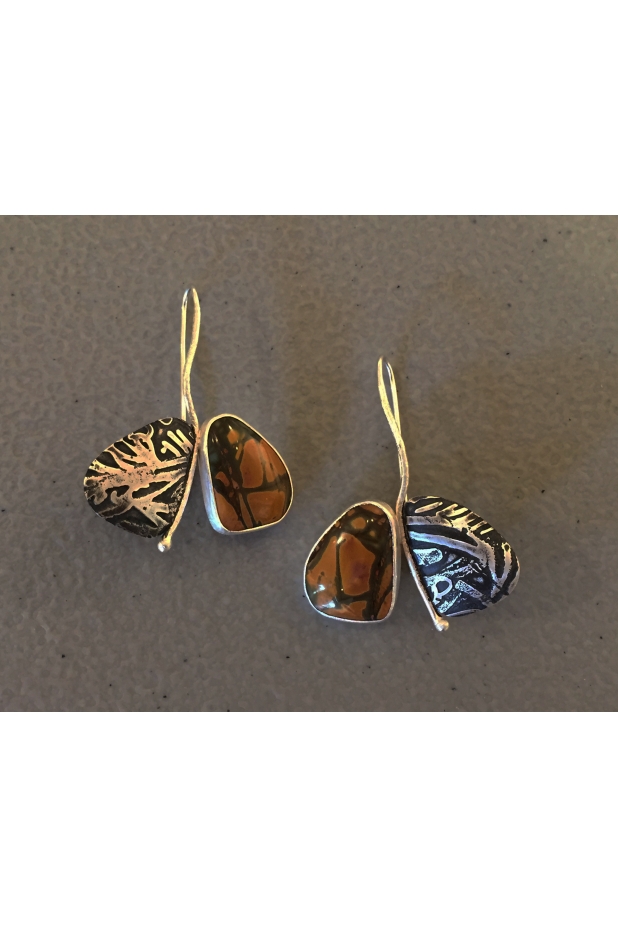 Earrings, sterling silver, jasper, patina.