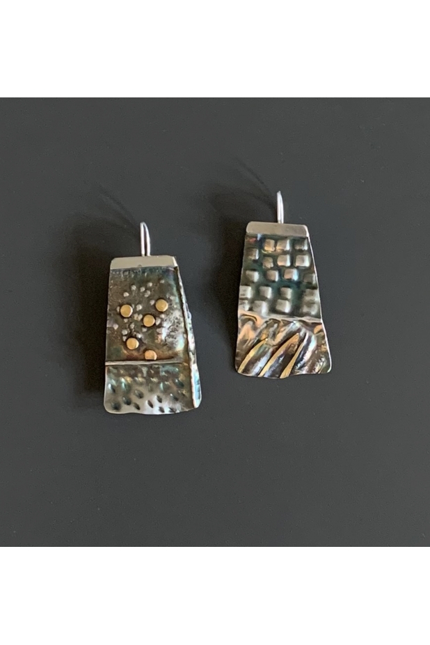 Earrings. Sterling silver, 22k gold, patina.