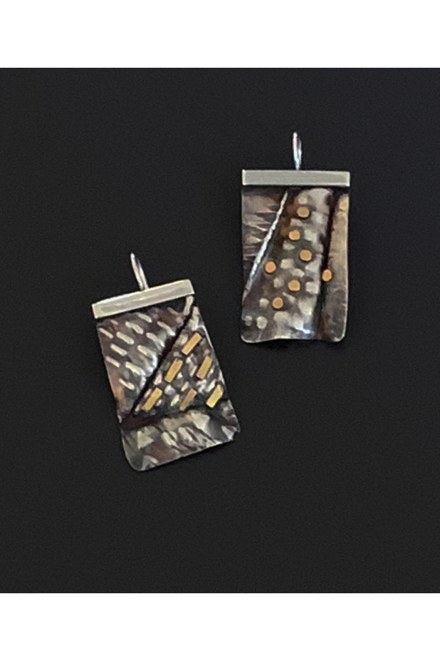 Earrings Textured sterling silver, 22k gold, patina.