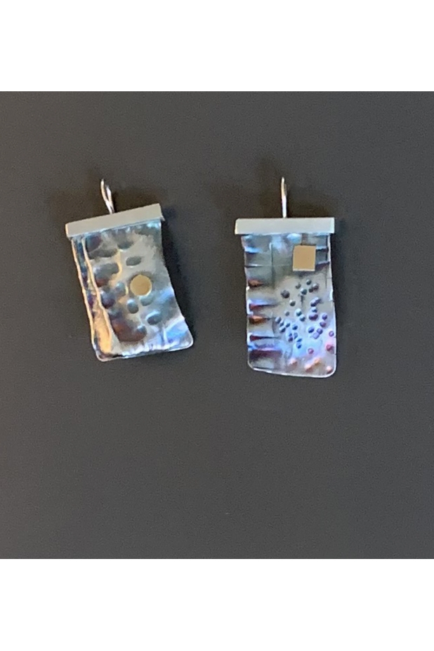 Earrings Textured sterling silver, 22k gold, patina.