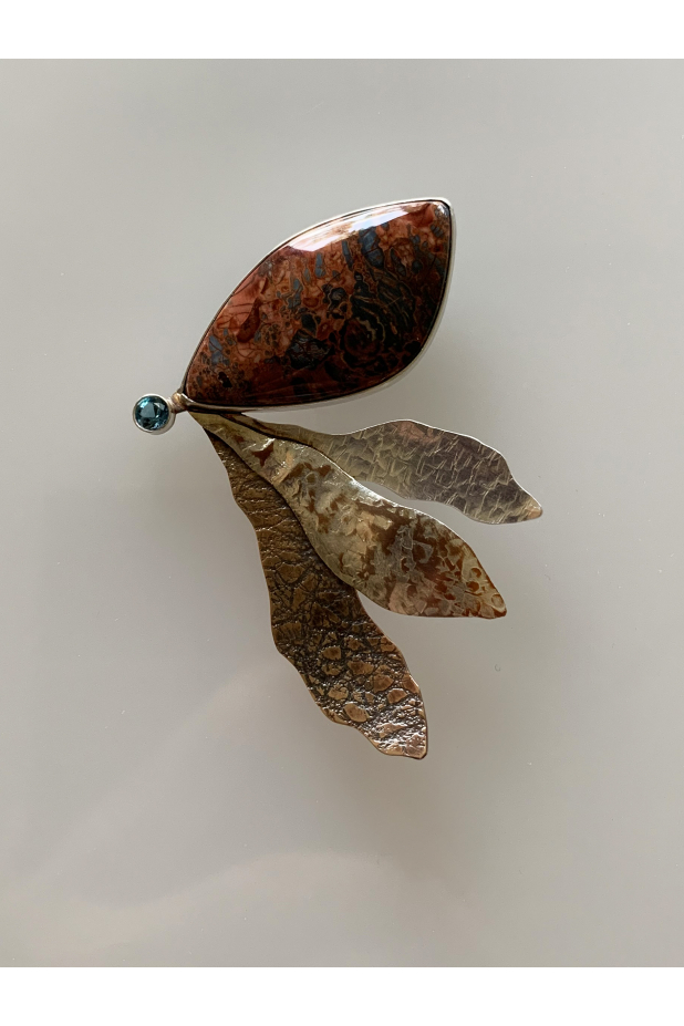 My Backyard #12 pin. Sterling silver, copper, jasper, topaz.