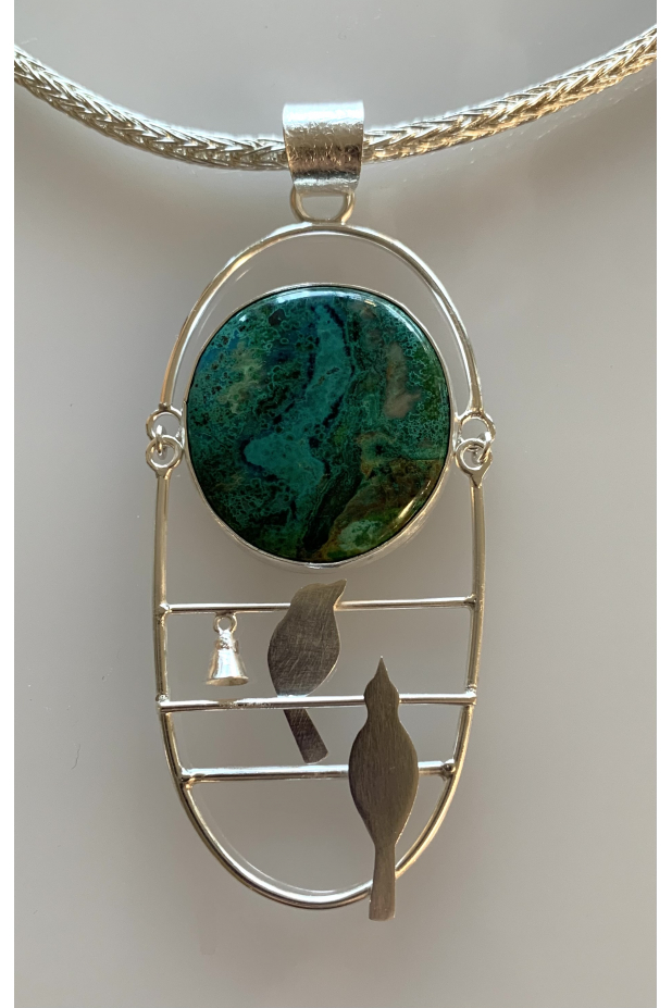 Caged Birds, sterling silver, parrot wing, fine silver chain.
