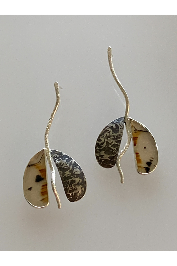 "Seedlings". Earrings. Sterling silver, Montana agates, patina.