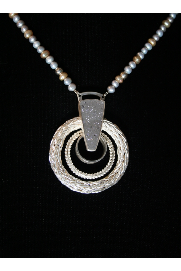 Neckpiece. SS, fine silver, pearls, drusy quartz