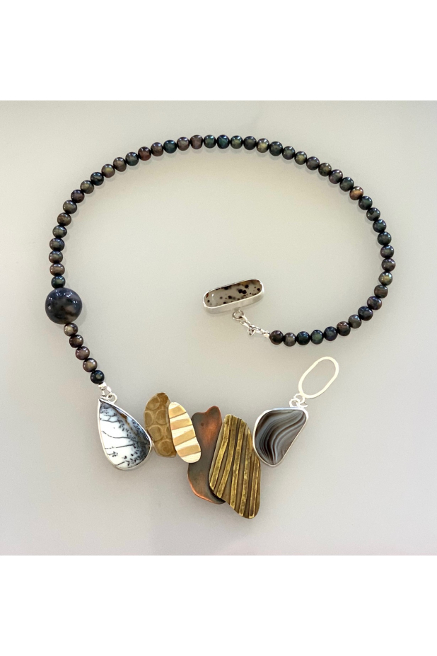 Neckpiece, mixed metals, mixed gemstones, agates, pearls