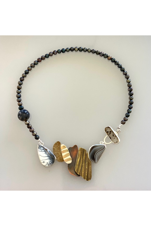 Neckpiece, mixed metals, mixed gemstones, agates, pearls