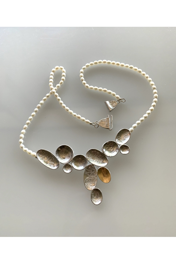 Etched sterling and pearls necklace