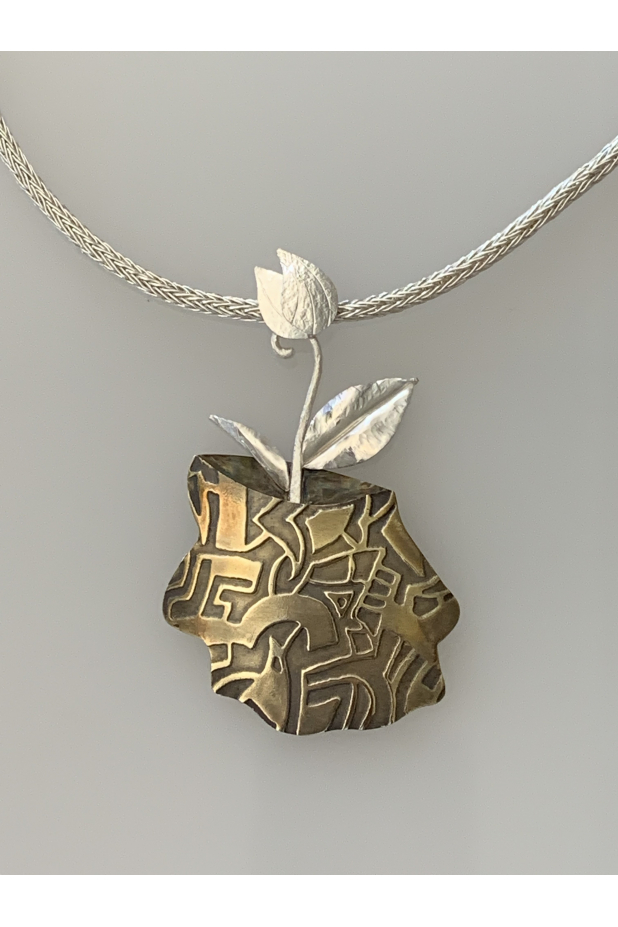"Potted Plant #1" neckpiece.  Etched brass, sterling silver, fine silver chain.