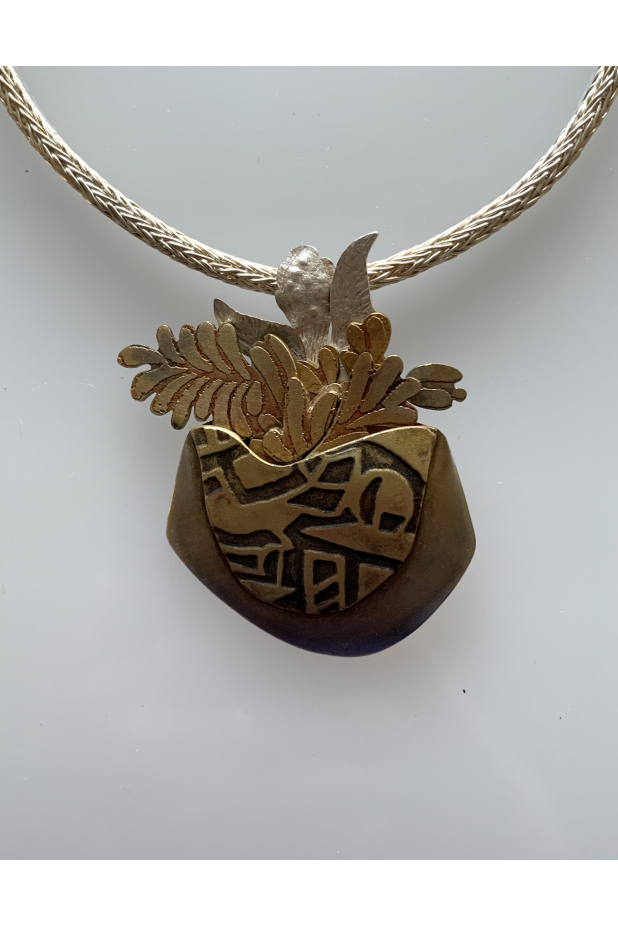 "Potted Plant #2" neckpiece.  Etched brass, sterling silver, fine silver chain.