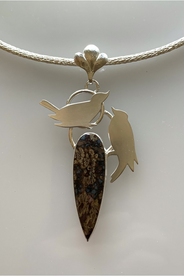 Backyards Birds neckpiece with Enchanted Desert rhyolite.