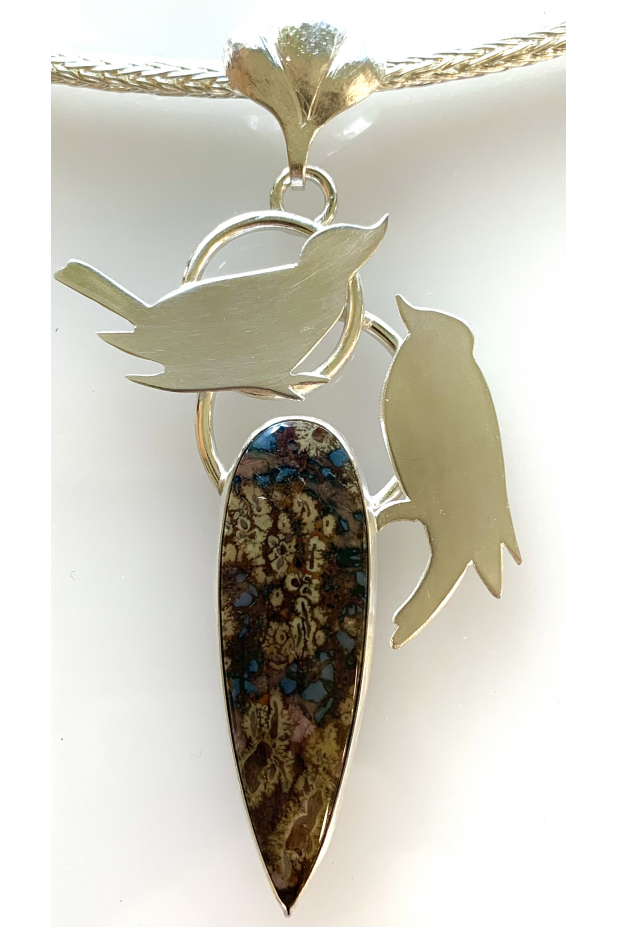 Backyards Birds neckpiece with Enchanted Desert rhyolite.Detail