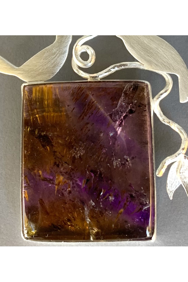 Goethite in ametrine, sterling silver, Backyard Birds neckpiece