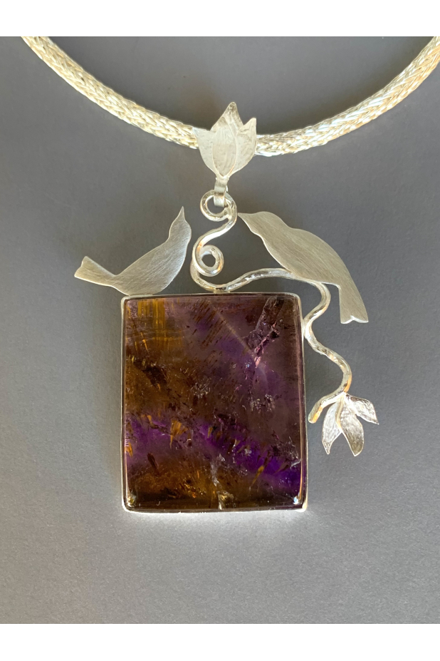 Goethite in ametrine, sterling silver, Backyard Birds neckpiece