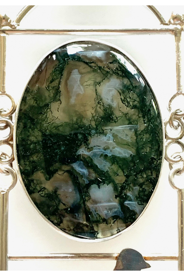 Caged birds, moss agate, neckpiece, fine silver chain.
