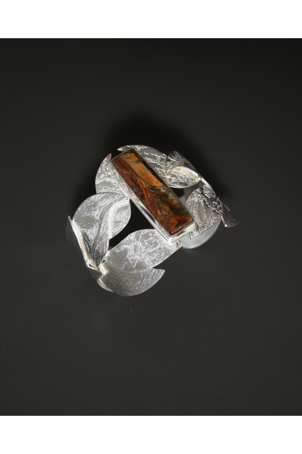 Silver cuff bracelet with pietersite.