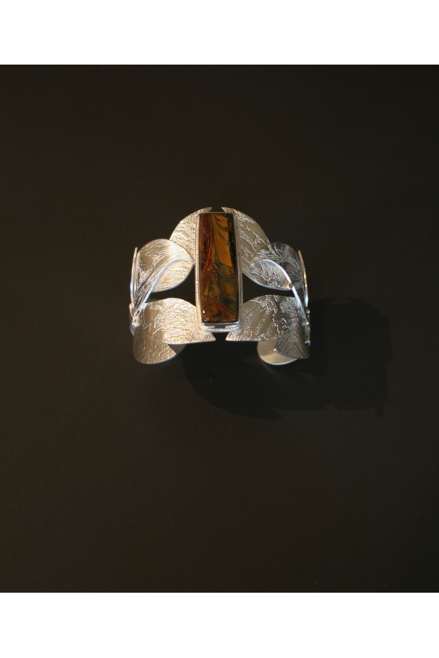 Silver cuff bracelet with pietersite.
