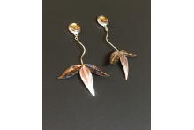 Earrings, sterling silver, mokume, 14k gold, citrines
