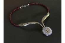 Neckpiece sterling silver, amethyst stalactite slice, beads 14k