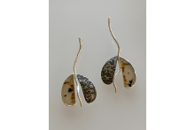 "Seedlings". Earrings. Sterling silver, Montana agates, patina.